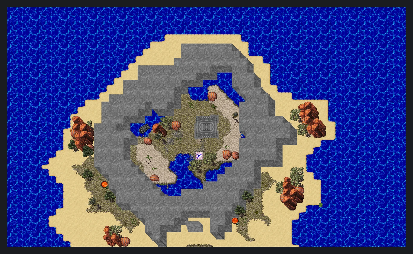 Primal island arena amid trees, stone and water